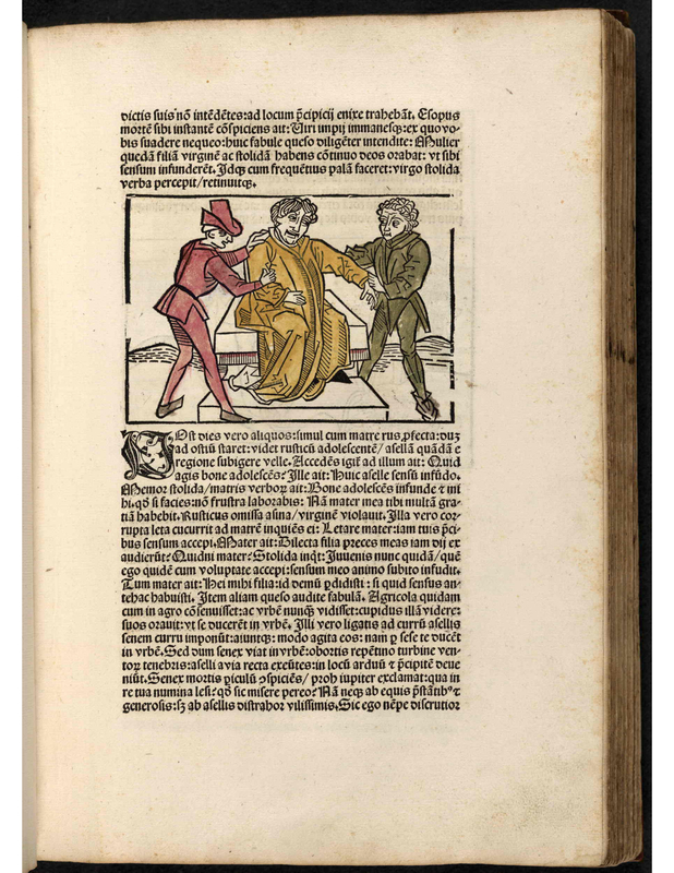 Esopi Appologi siue Mythologi cum quibusdam carminum et fabularum additionibus Sebastiani Brant. [Two men assisting a man sitting down]