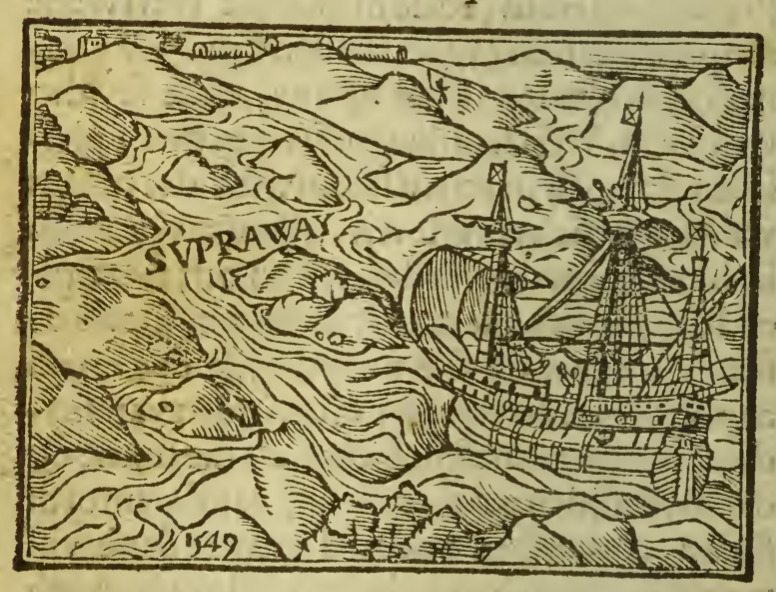 [A European ship sailing near the coast, with an Indigenous settlement in the distance]