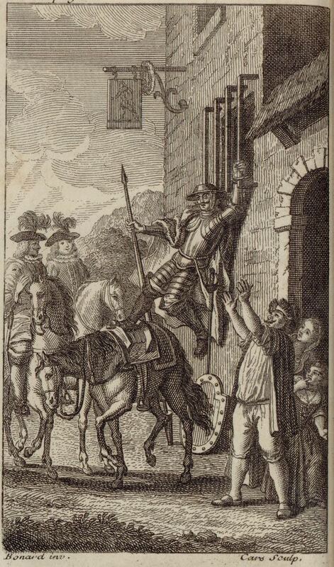 [Don Quixote hangs from a window by his hand]