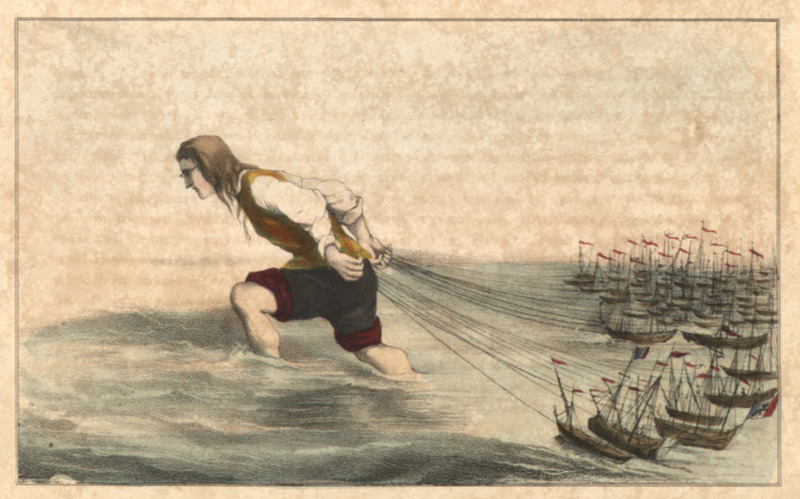 [Gulliver pulls ships back to Blefuscu]