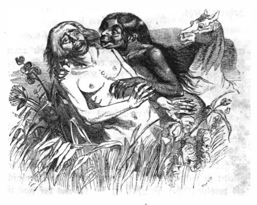 [a female yahoo embraces a startled Gulliver]
