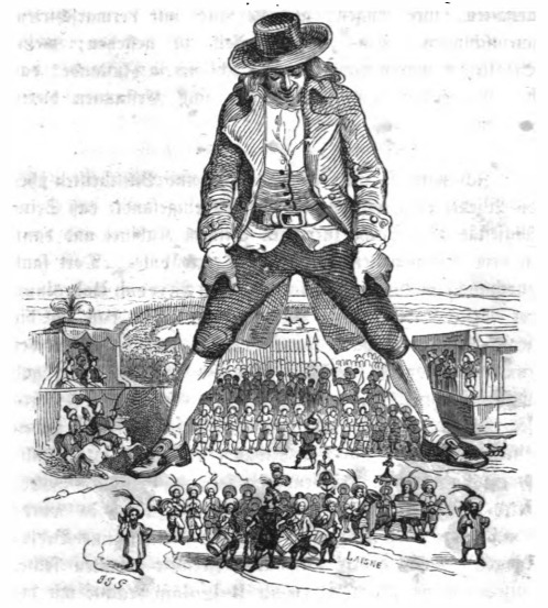 [Gulliver stands as a triumphal arch under which the Lilliputian army marches]