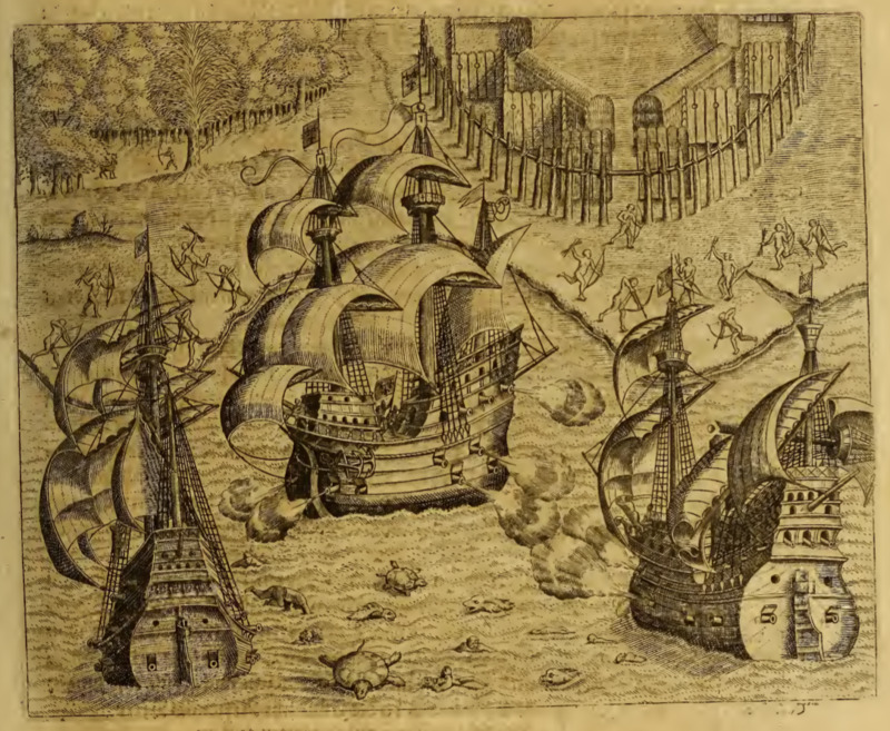 [Three European ships engage in a naval battle near the coast, where there is a Tupinambá village]