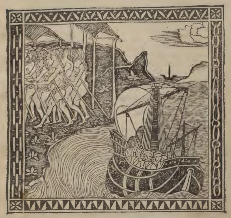 [Christopher Columbus approaching an island in the West Indies while Indigenous people stand on the shore]