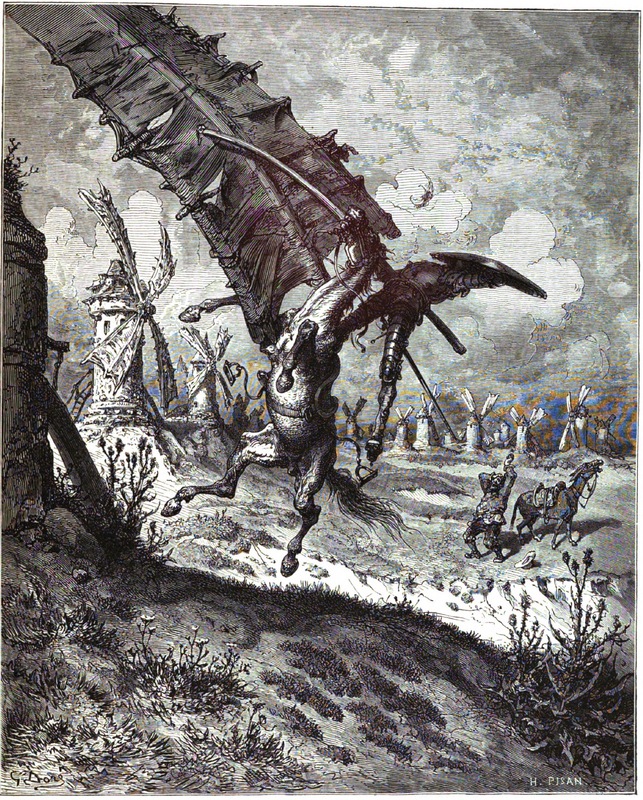.... sprengte er mit dem Rozinante im vollen Galopp auf die vorderste Windmühle los und gab ihr einem Lanzenslich in den Flüge. – Buch 1. Kap. 8