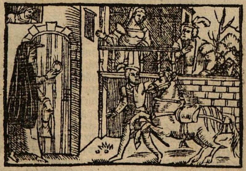 [Act I – As Celestina Knocks on a Door, a Horseman Approaches and Three Figures Observe (Repeated)]